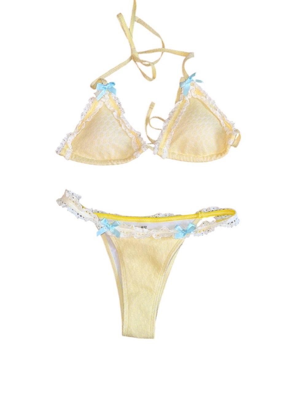 Amazon Yellow Lace Trim Bikini Set with Blue Bow Accents - Picture 2 of 5
